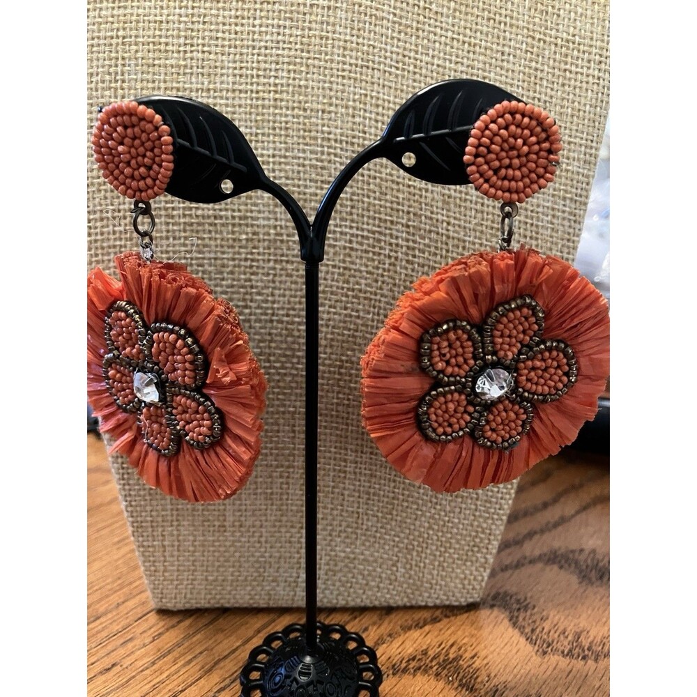 Orange Raffia & Beaded Earrings Circles Statement